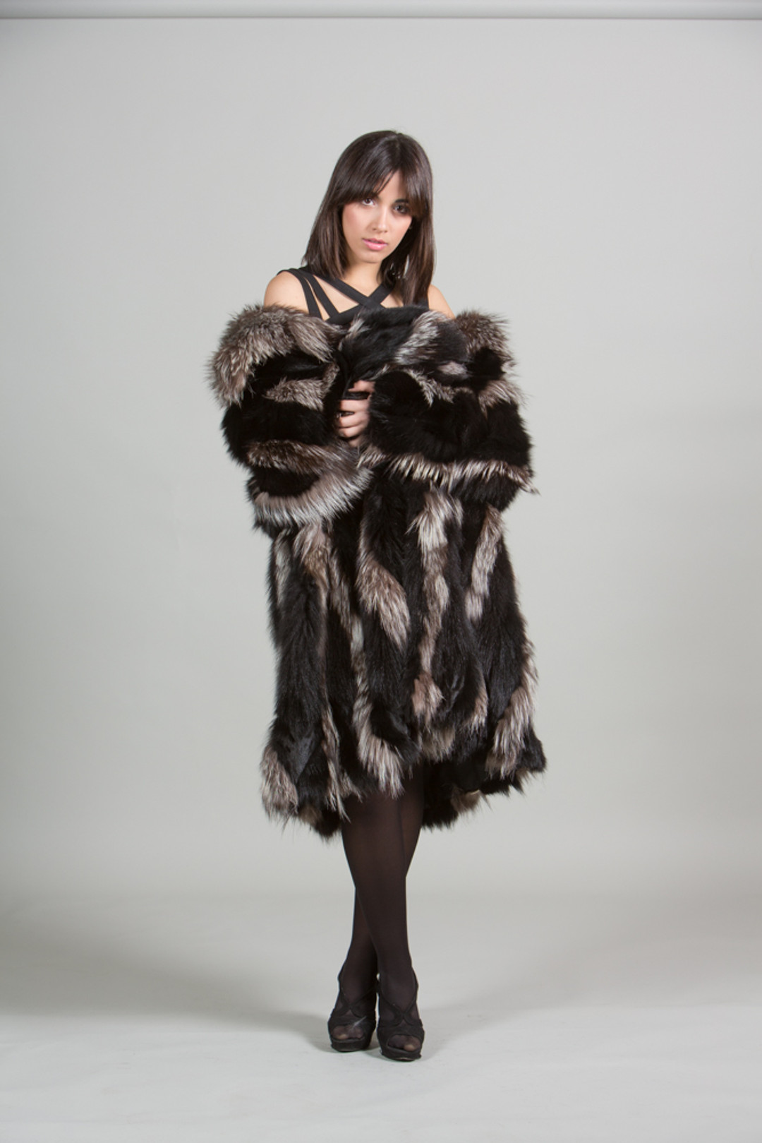 Black Silver Fox Fur Coat Shawl Fox Collar