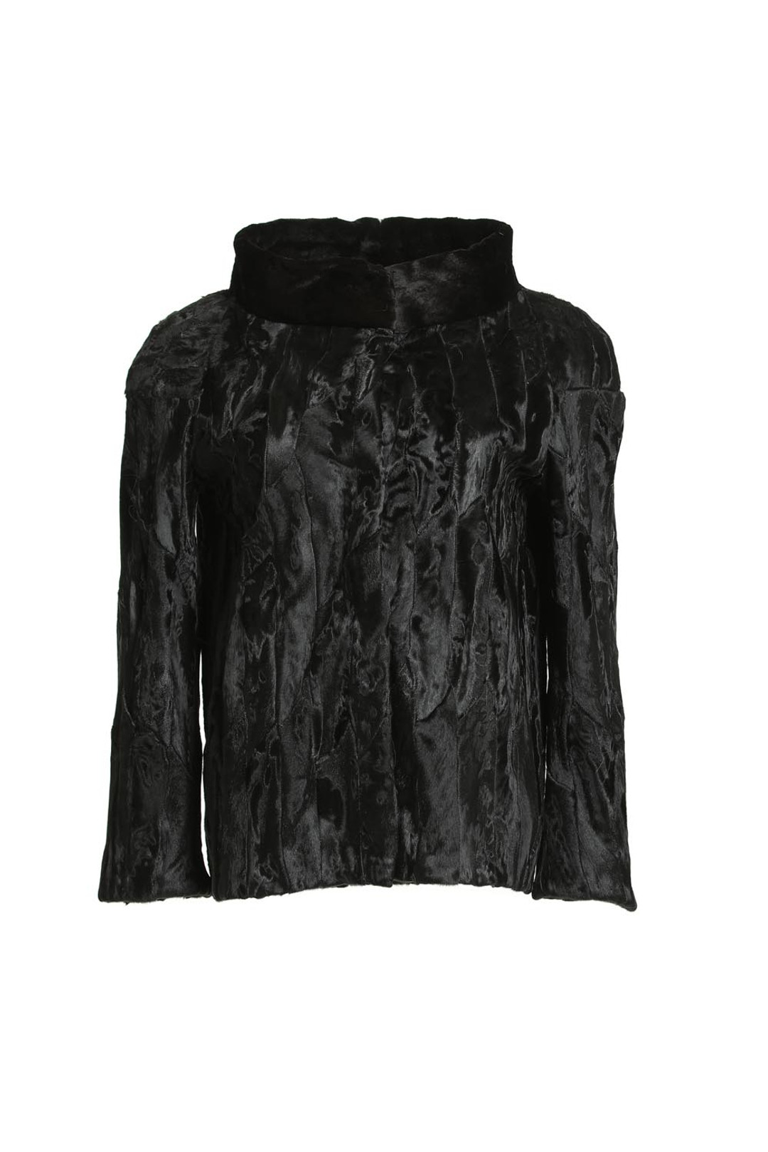 black swakara lamb short fur jacket wide collar cut black swakara lamb short fur jacket wide collar cut