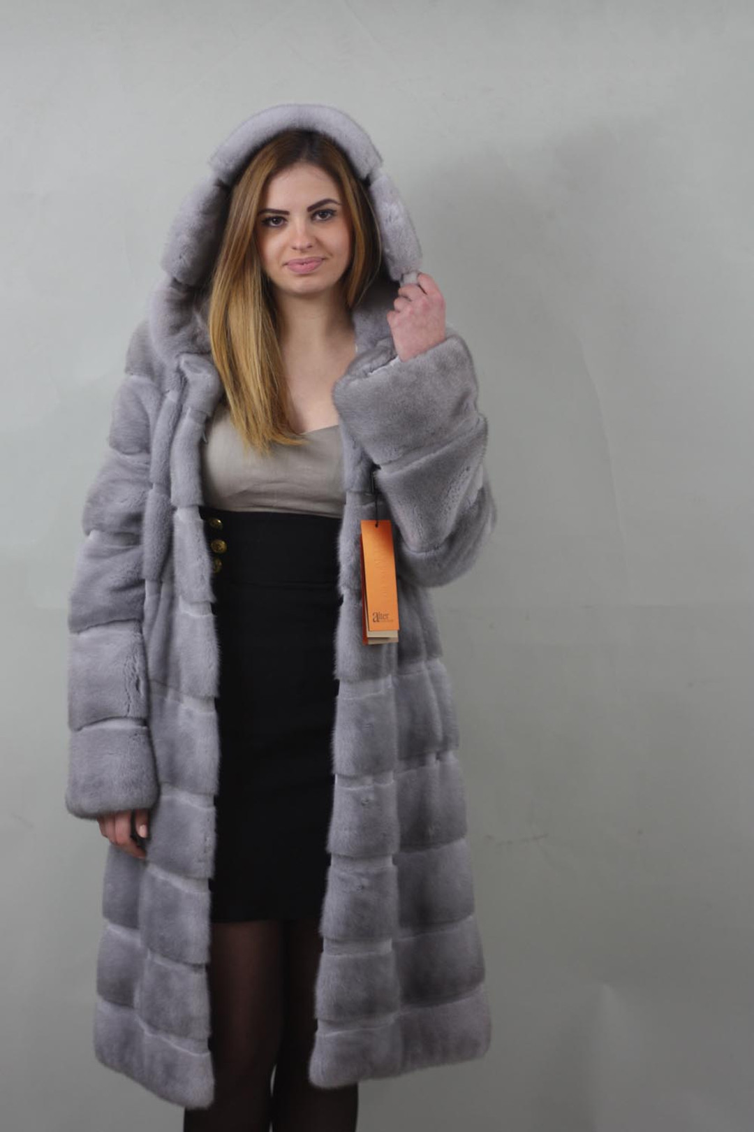 Long Sapphire Hooded Mink Fur Coat