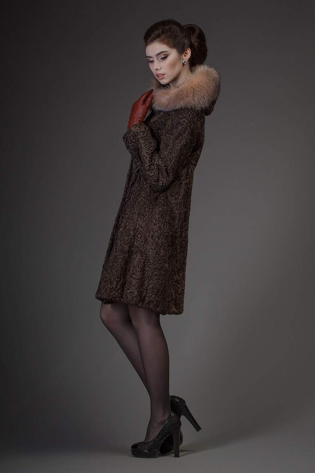 Brown Hooded Broadtail  Lamb Fur Coat Brown Hooded Broadtail  Lamb Fur Coat