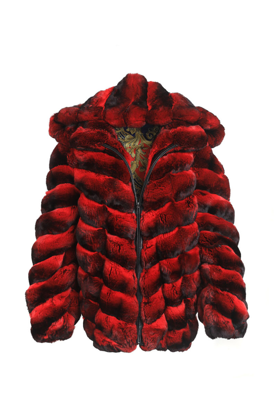 Mens Red Hooded  Chinchilla Bomber Fur Coat Mens Red Hooded  Chinchilla Bomber Fur Coat