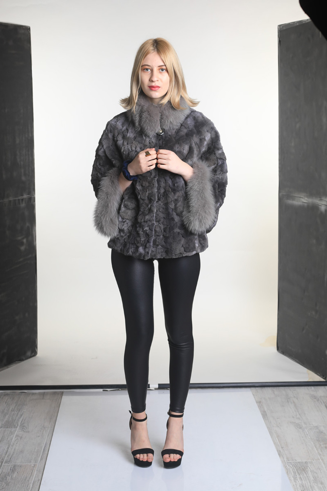 Gray Sculpted Mink Fur Cape With Fox Trim Gray Sculpted Mink Fur Cape With Fox Trim