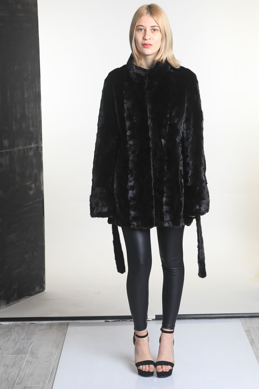Black Sectional Mink Fur Coat With Belt Black Sectional Mink Fur Coat With Belt