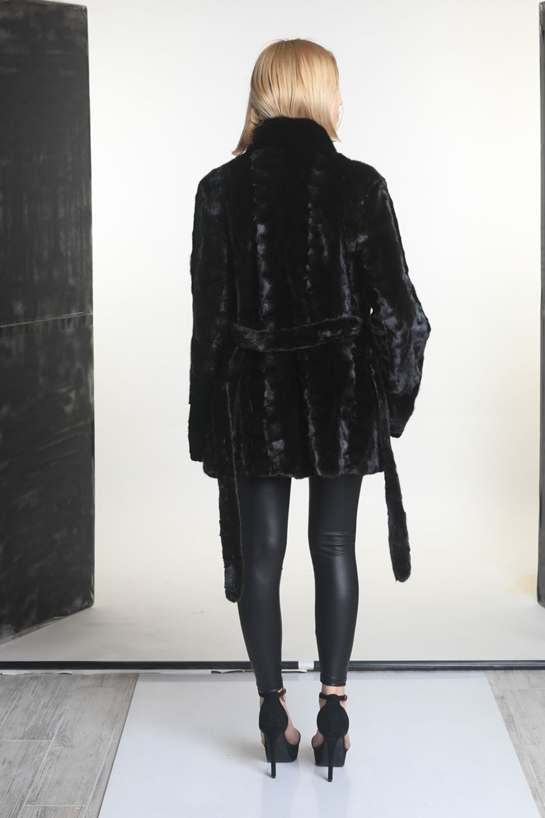 Black Sectional Mink Fur Coat With Belt Black Sectional Mink Fur Coat With Belt