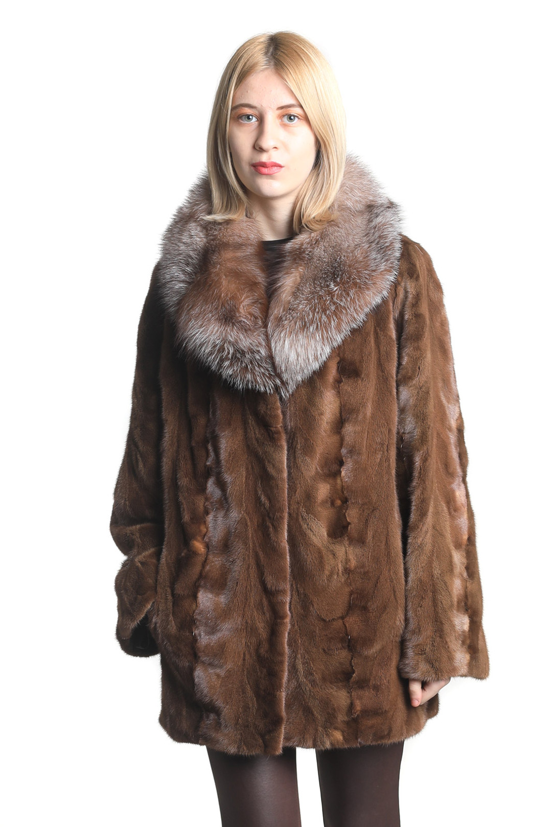 Brown Sectional Mink Fur Coat Crystal Fox Shawl Collar Brown Sectional Mink Fur Coat Crystal Fox Shawl Collar