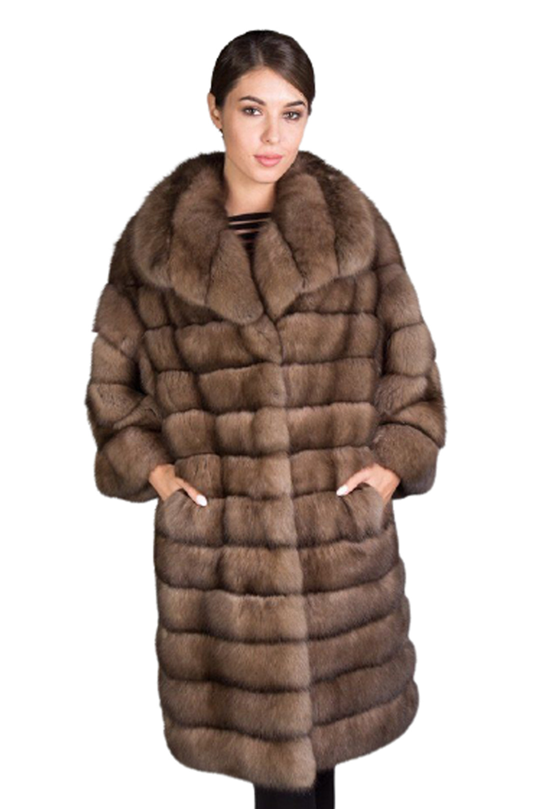 LIGHT BROWN SABLE FUR COAT KNEE LENGTH ROUND LUSCIOUS COLLAR