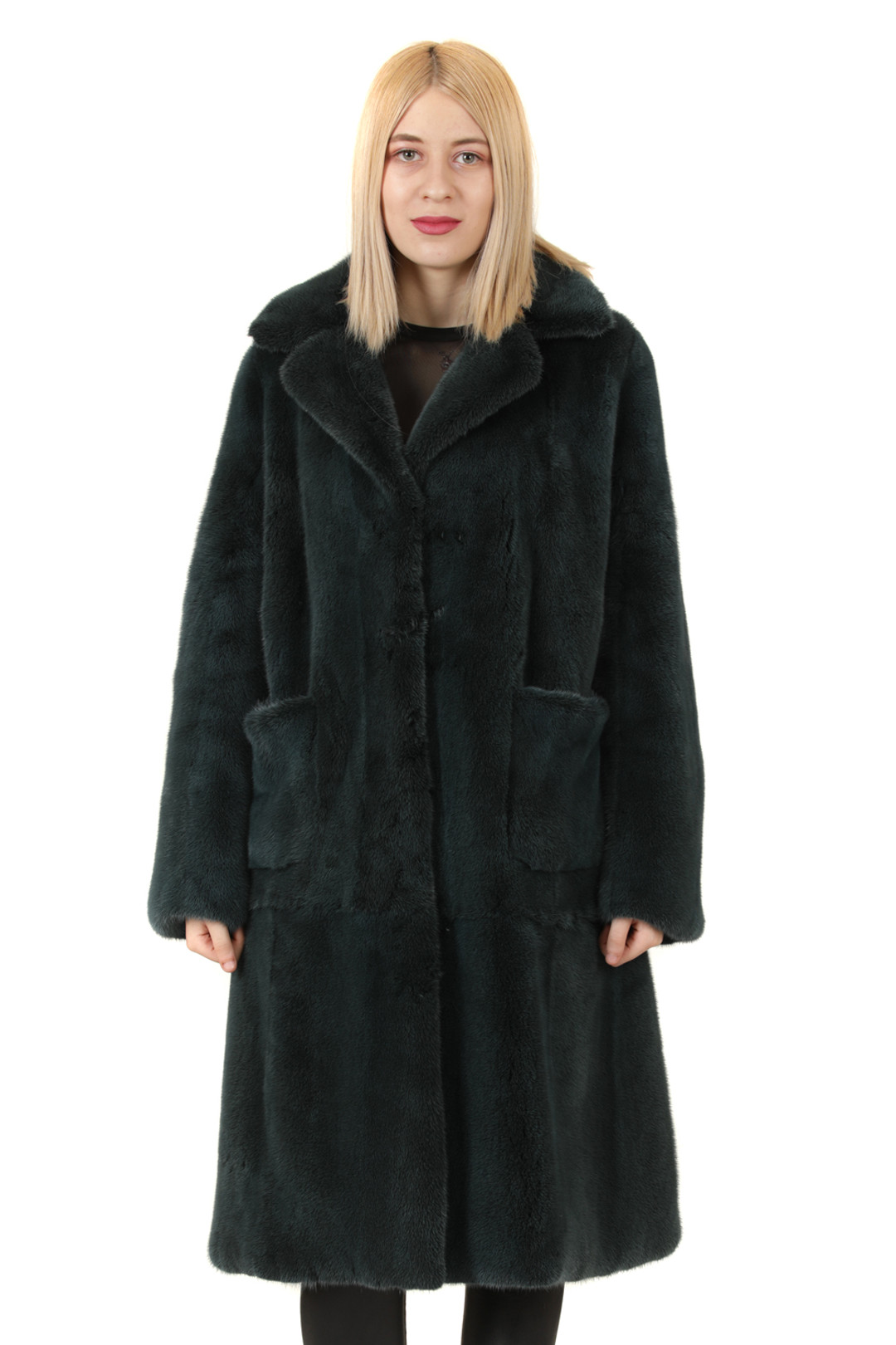 petrol mink fur coat knee ;ength square visible pockets