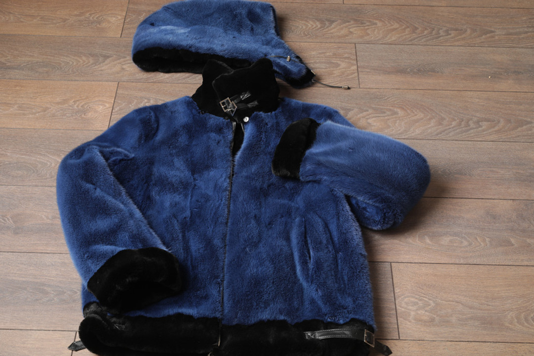 Blue  Hooded Mink Fur Coat Blue  Hooded Mink Fur Coat