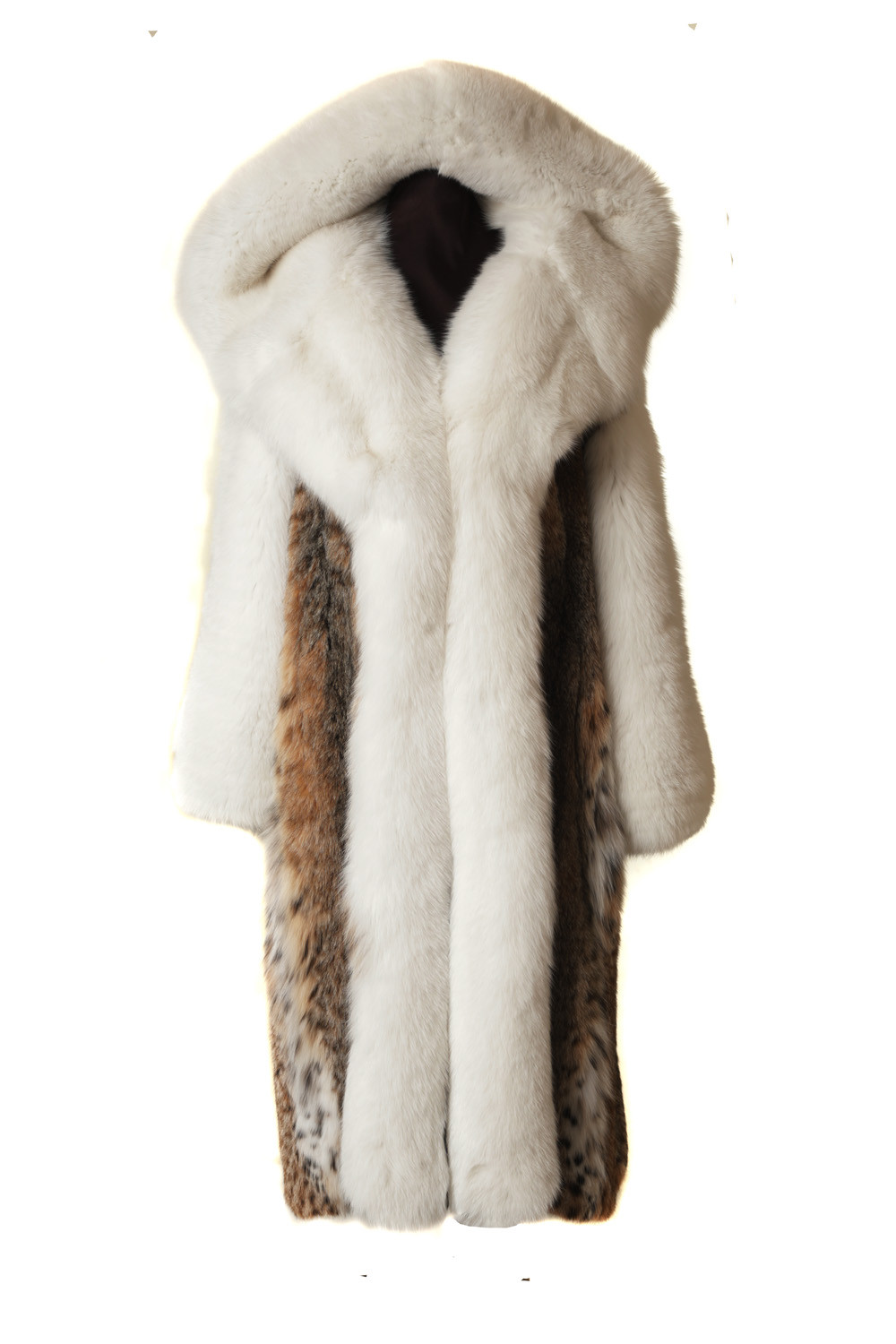 Full Length Lynx Fur Coat White Fox Sleeves Cobra Hood