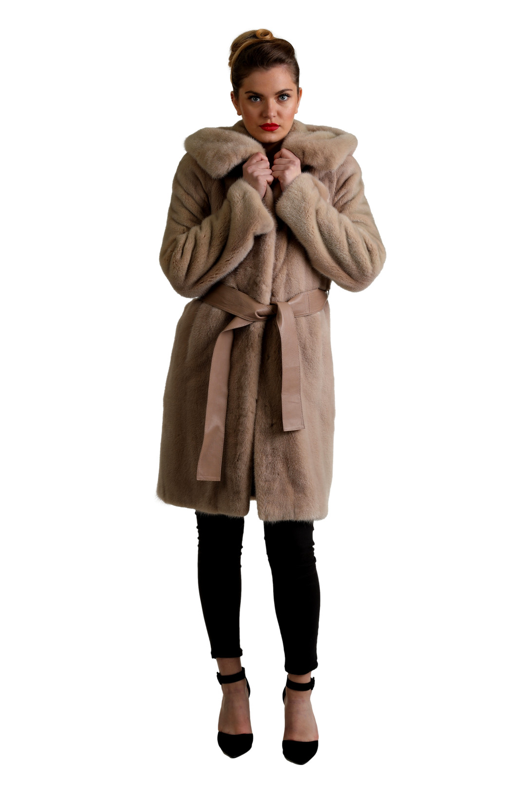 Beige Mink Fur Coat Hooded With Belt