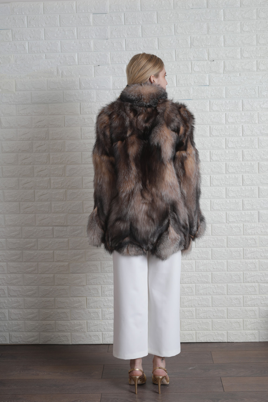 Crystal Fox Fur Coat Shawl Collar
