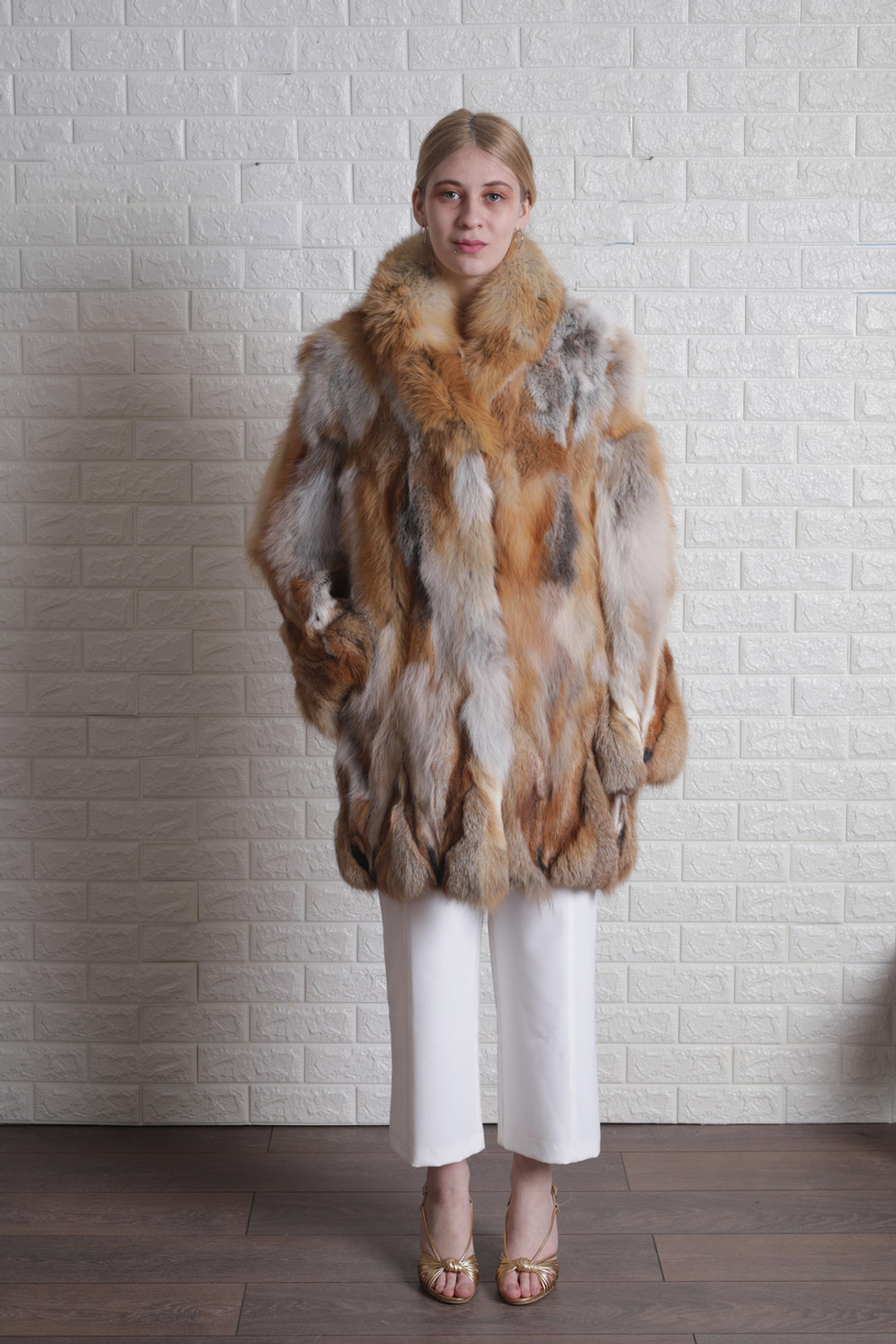 Mid Length Red Fox Fur Coat Shawl Fox Collar M Mid Length Red Fox Fur Coat Shawl Fox Collar M