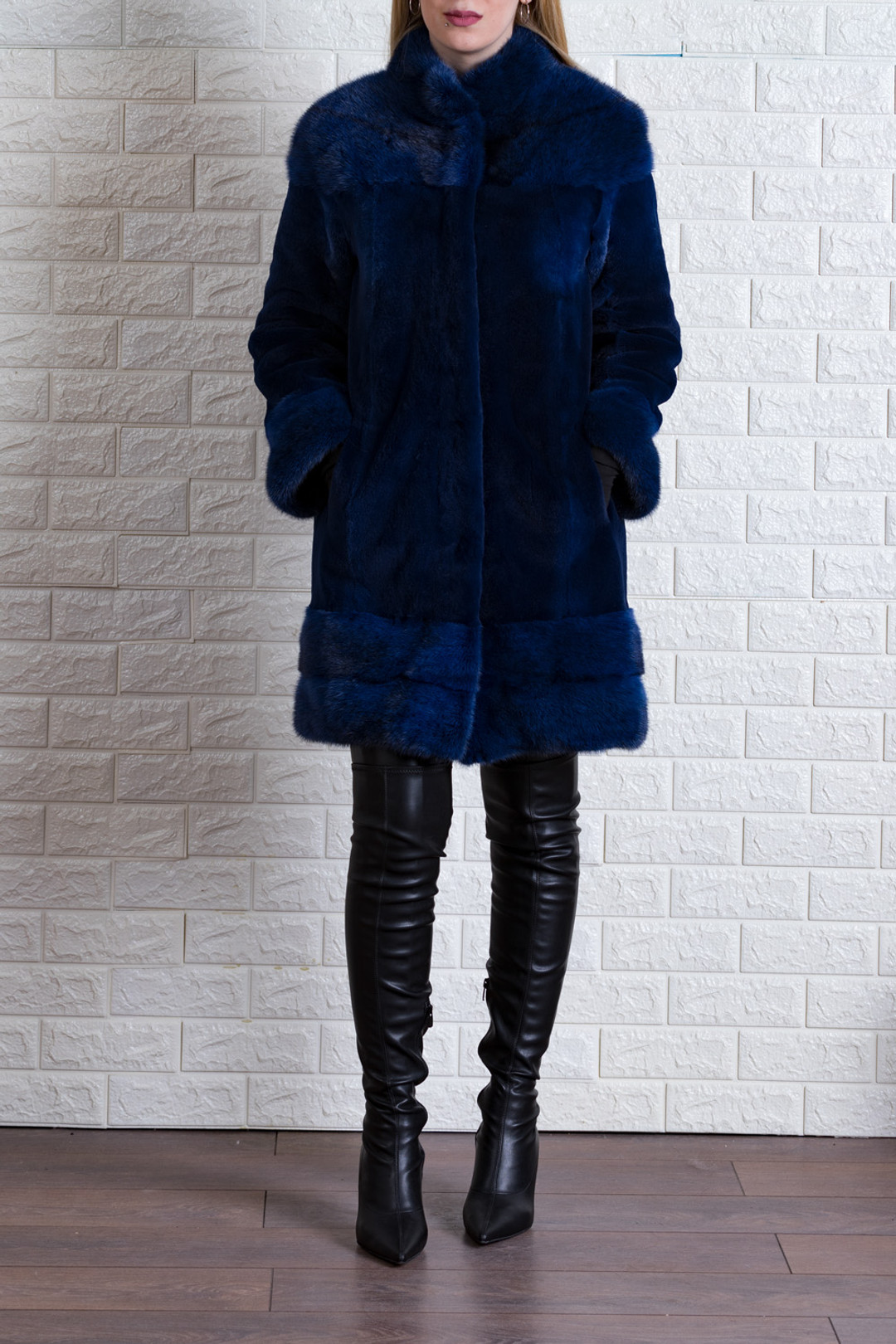 Blue Plucked Mink Fur Coat XS S M