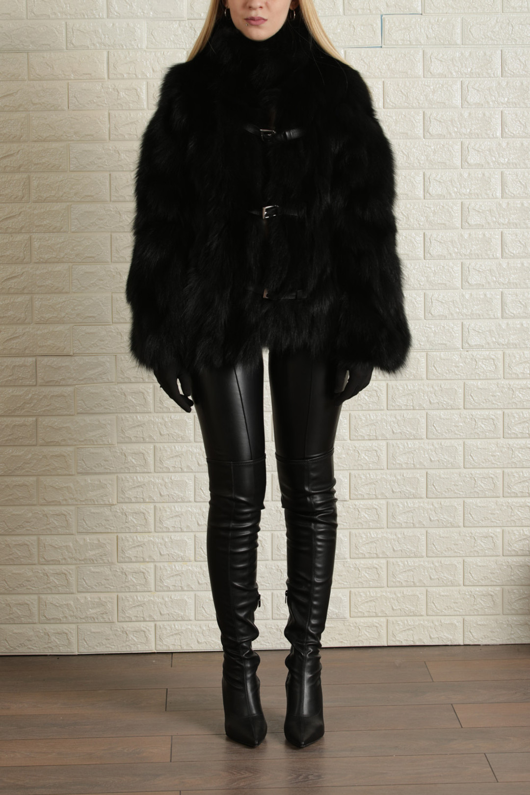 Black Fox Fur Coat Leather Straps M Black Fox Fur Coat Leather Straps M