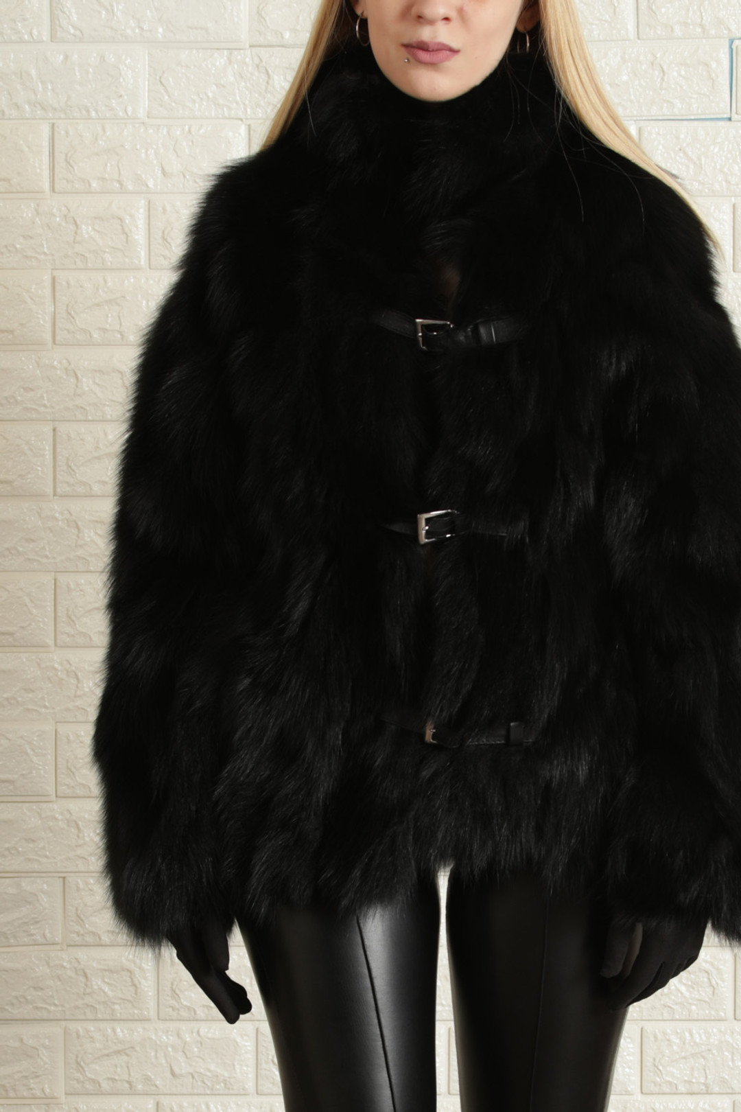 Black Fox Fur Coat Leather Straps M Black Fox Fur Coat Leather Straps M