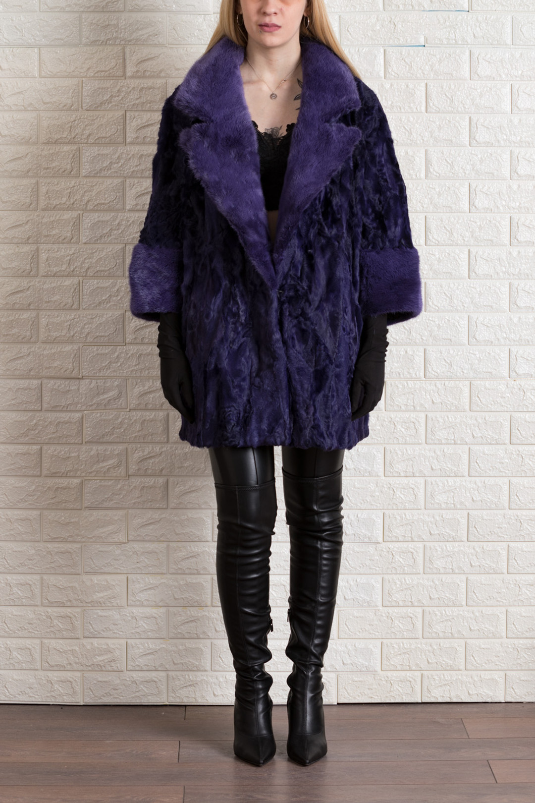 Magenta Persian Lamb Fur Coat with Mink Fur Collar XS S M L XL