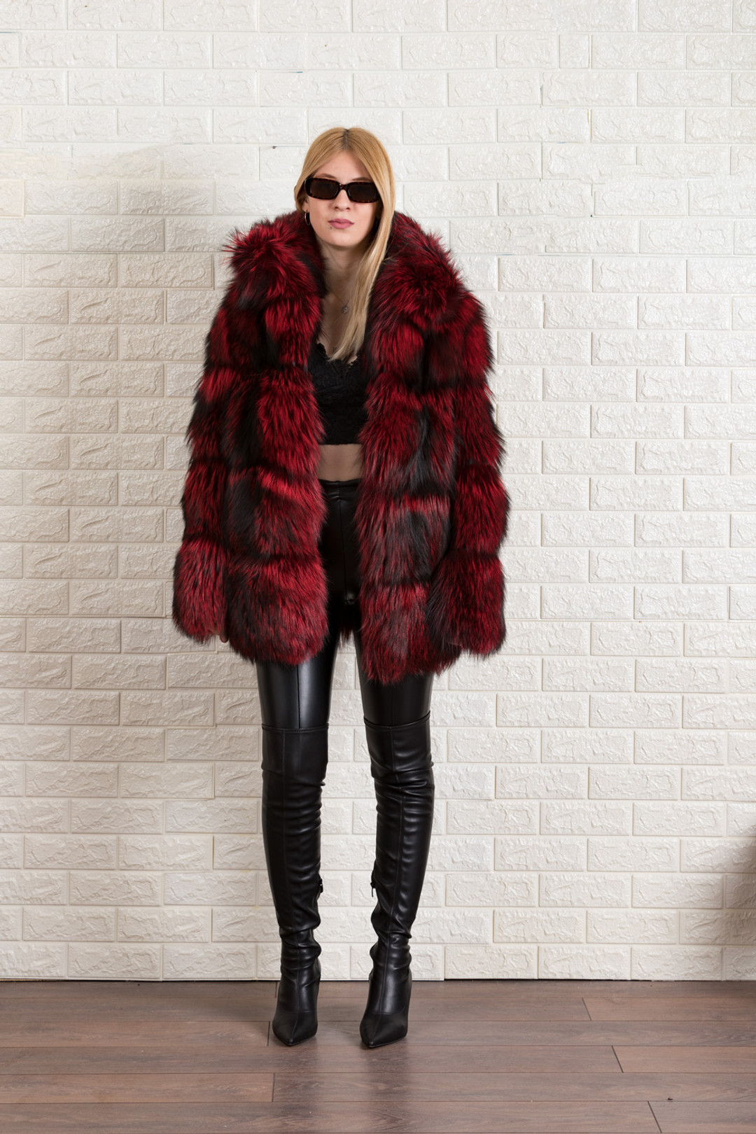 Red Black Fox Fur Coat XS S M L Red Black Fox Fur Coat XS S M L
