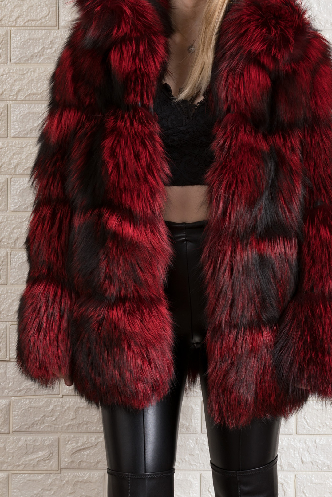 Red Black Fox Fur Coat XS S M L Red Black Fox Fur Coat XS S M L
