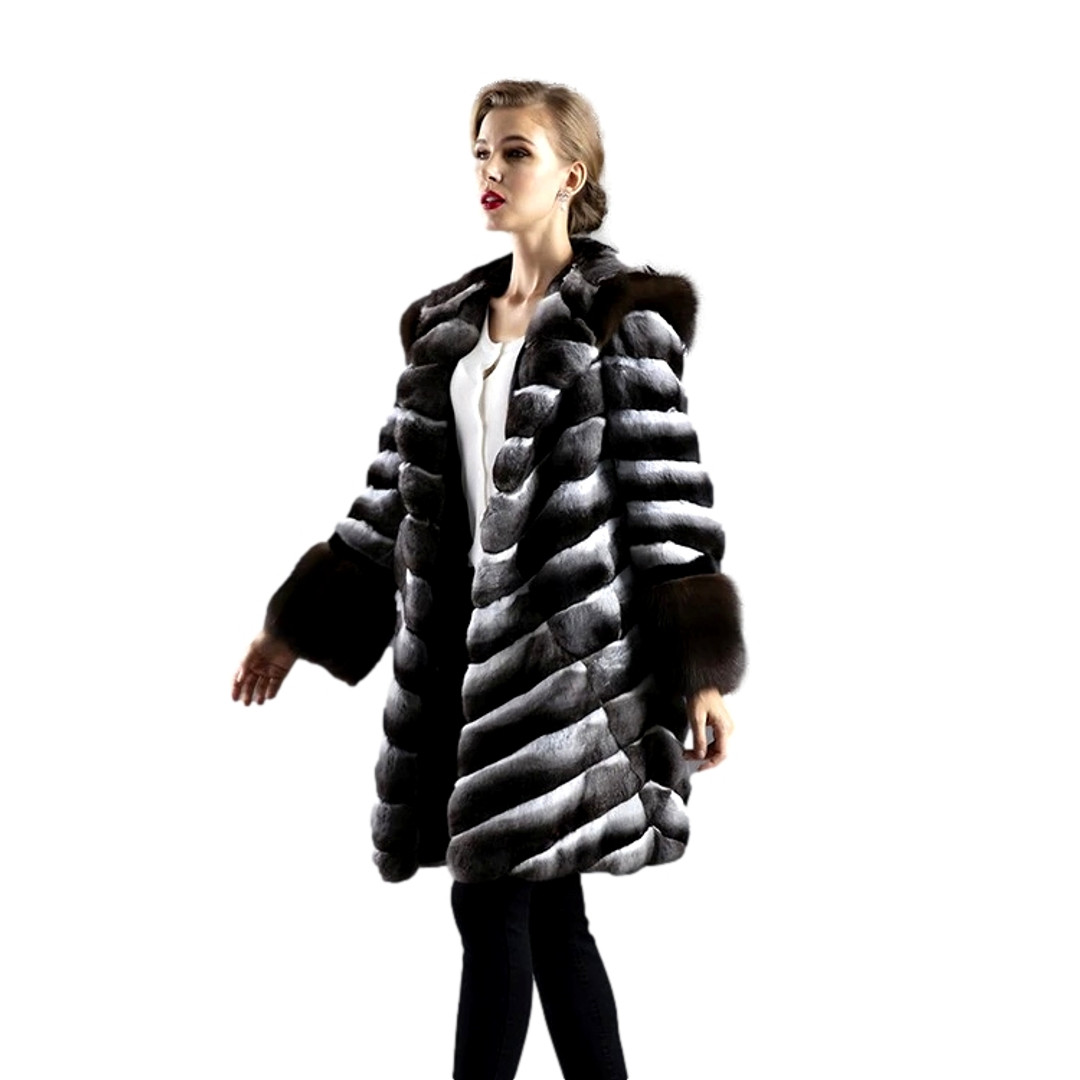 Hooded Chinchilla Fur Coat & Sable Fur Trim Chantale Hooded Chinchilla Fur Coat & Sable Fur Trim Chantale