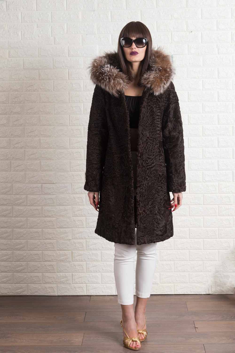 Brown Hooded Persian Lamb Fur Coat With Fox Fur Trim | SKANDINAVIK FUR