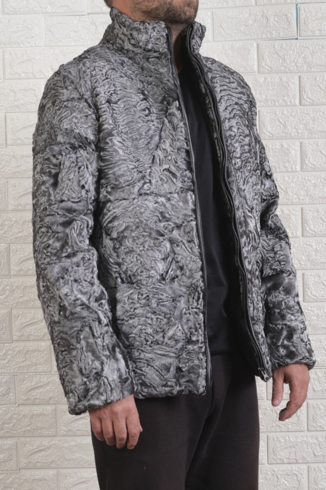 Silver Biker Fur Coat Mens