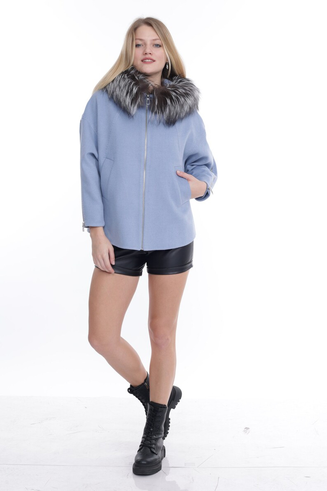 Light Blue Cashmere Wool Jacket with Hood