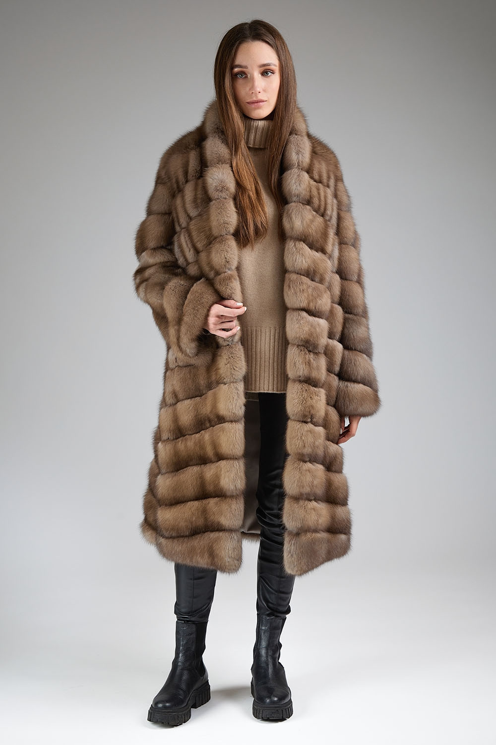 Three-Quarter Length Light Brown Russian Sable Fur Coat with a