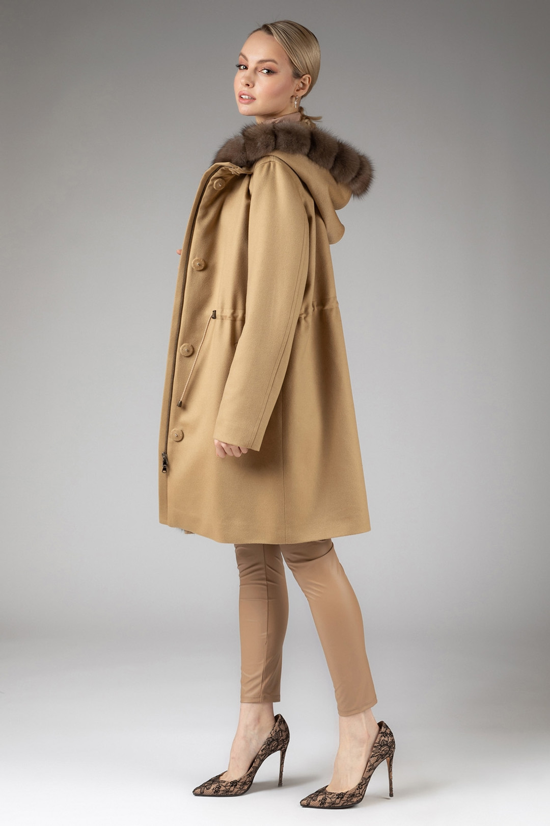 Hooded Cashmere Coat With Sable Fur Trim Alessia