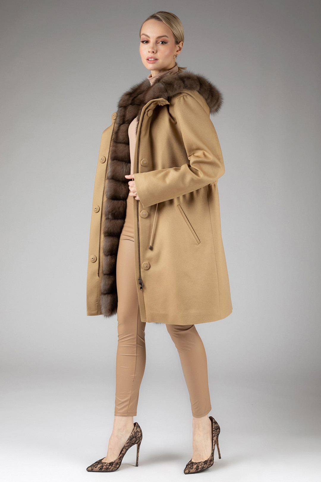 Hooded Cashmere Coat With Sable Fur Trim Alessia