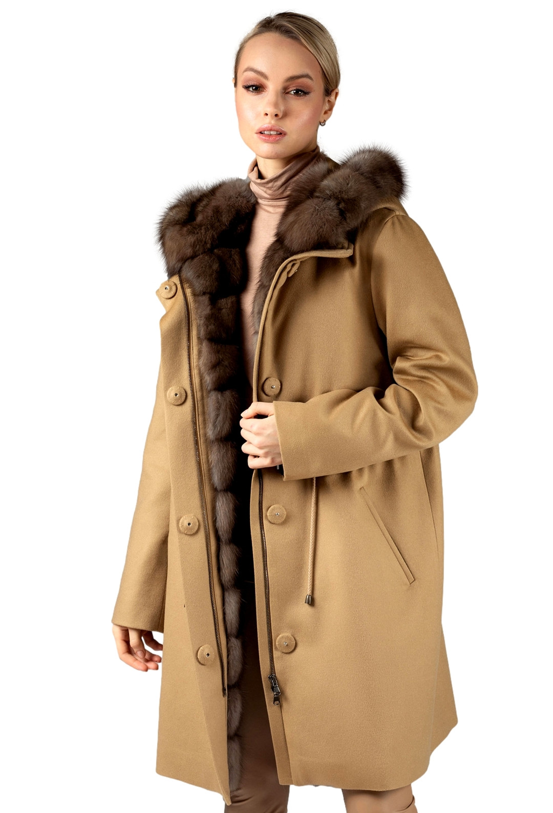 Hooded Cashmere Coat With Sable Fur Trim Alessia