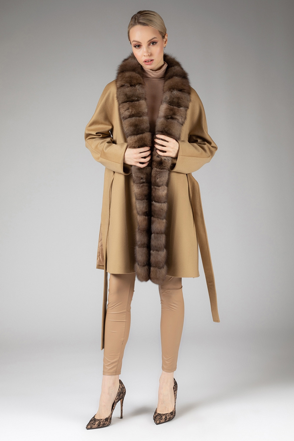 Tan Knee Length cashmere wool fur coat with sable fur trim