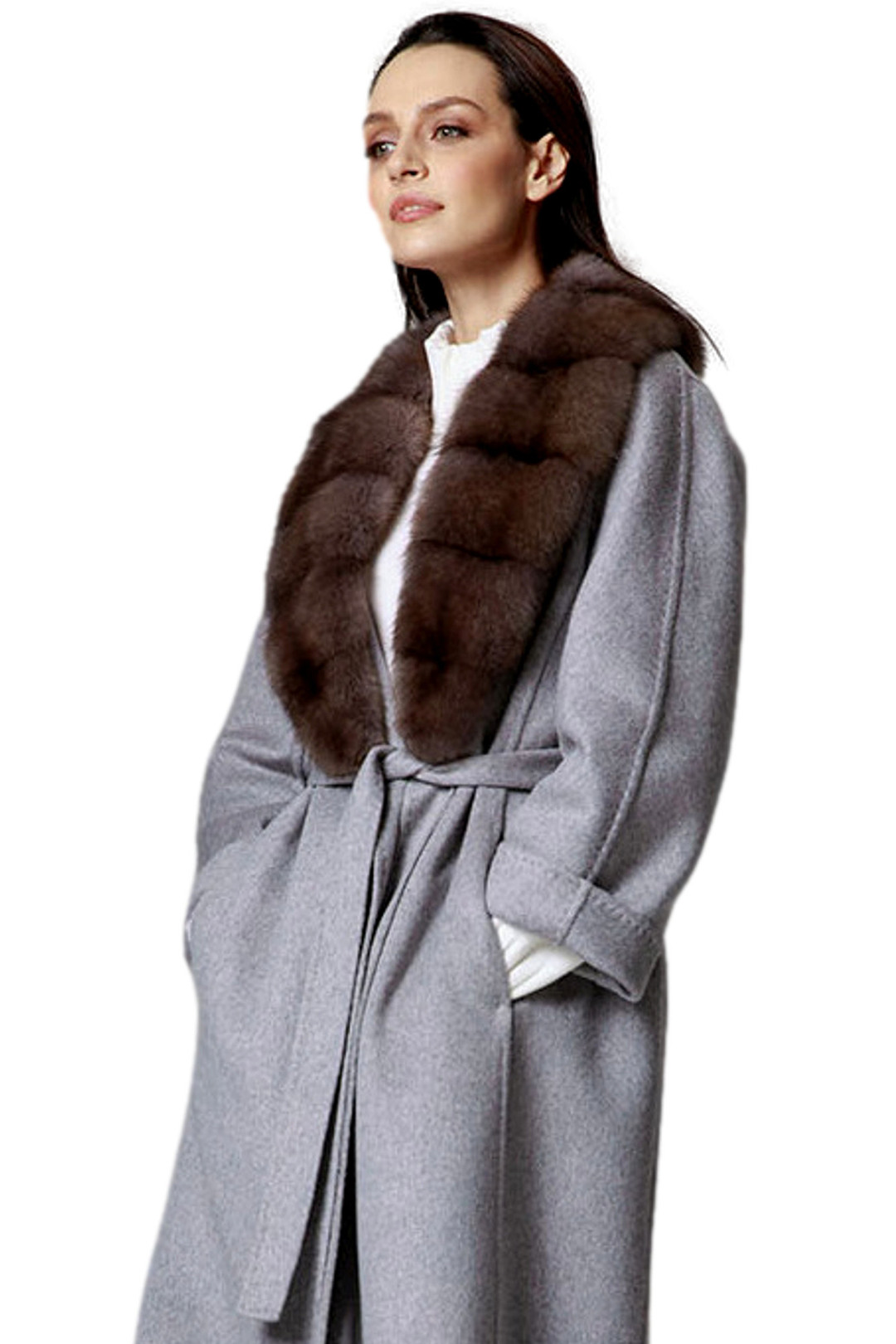 Gray Cashmere Coat With Sable Fur Collar Faina