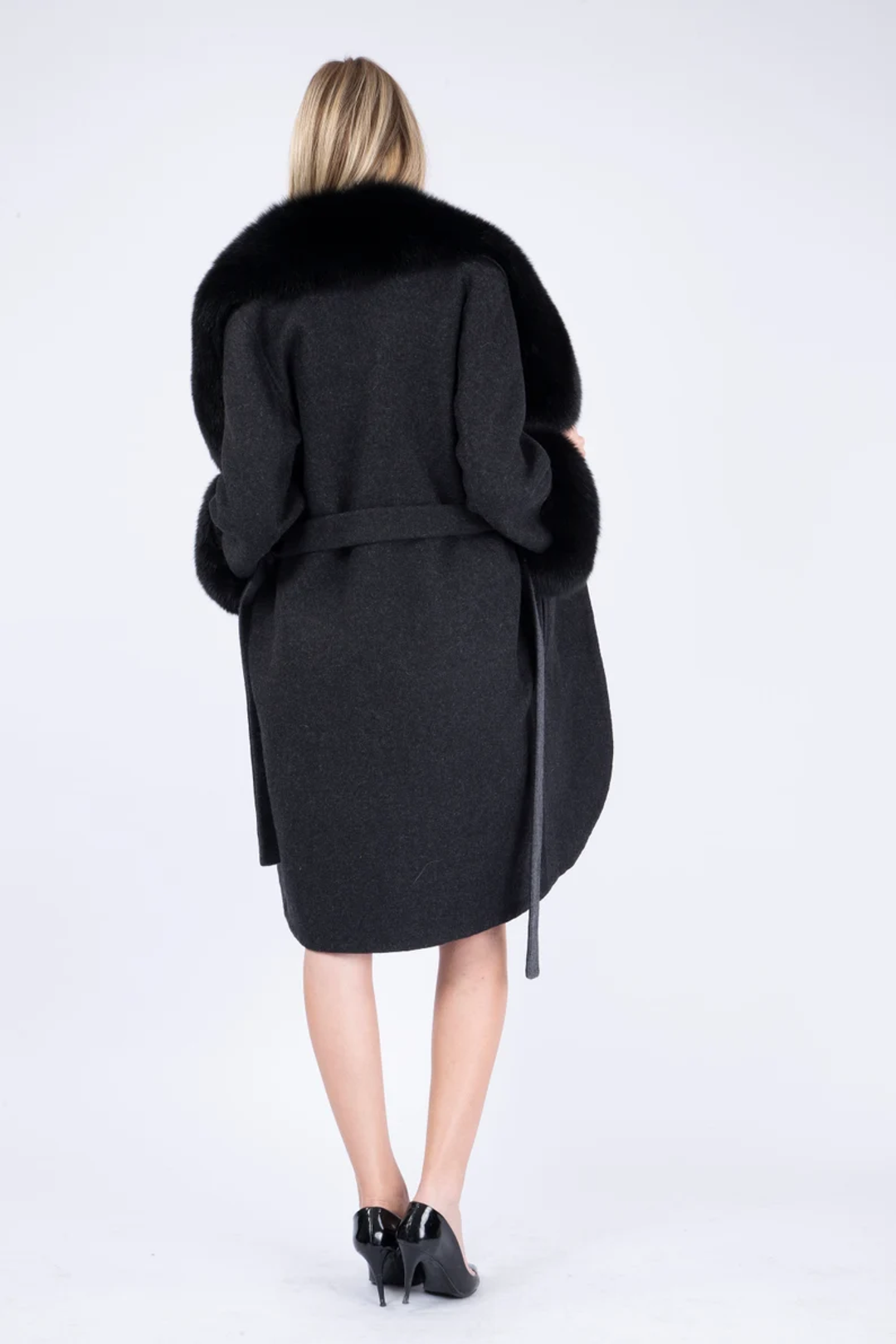 Black Cashmere Coat Fox Shawl Collar & Cuffs Fiona