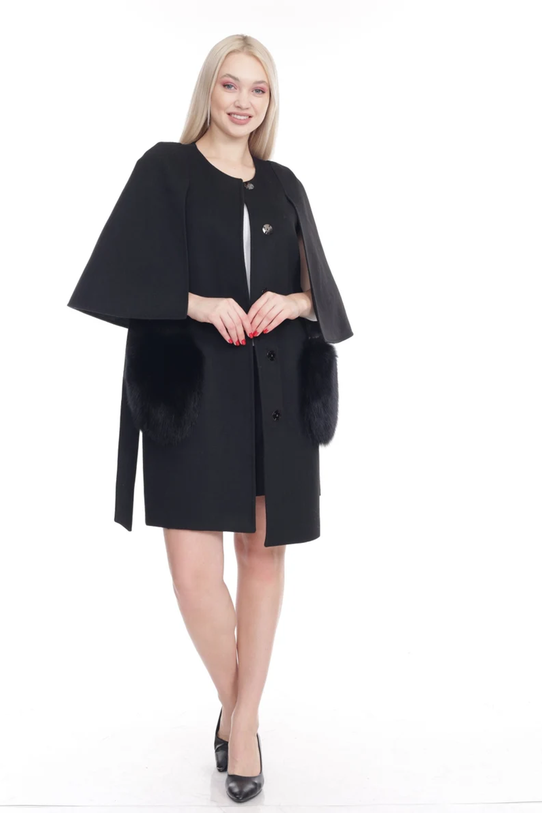 Black Cashmere Coat Fox  Fur Trim Melania