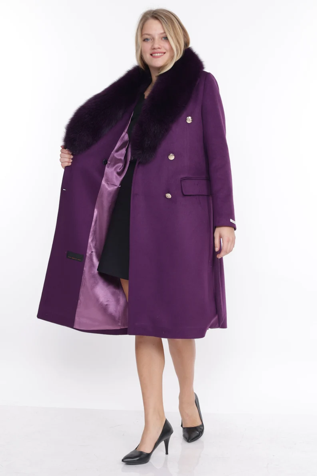 Purple Cashmere Coat Fox Collar Raine Purple Cashmere Coat Fox Collar Raine