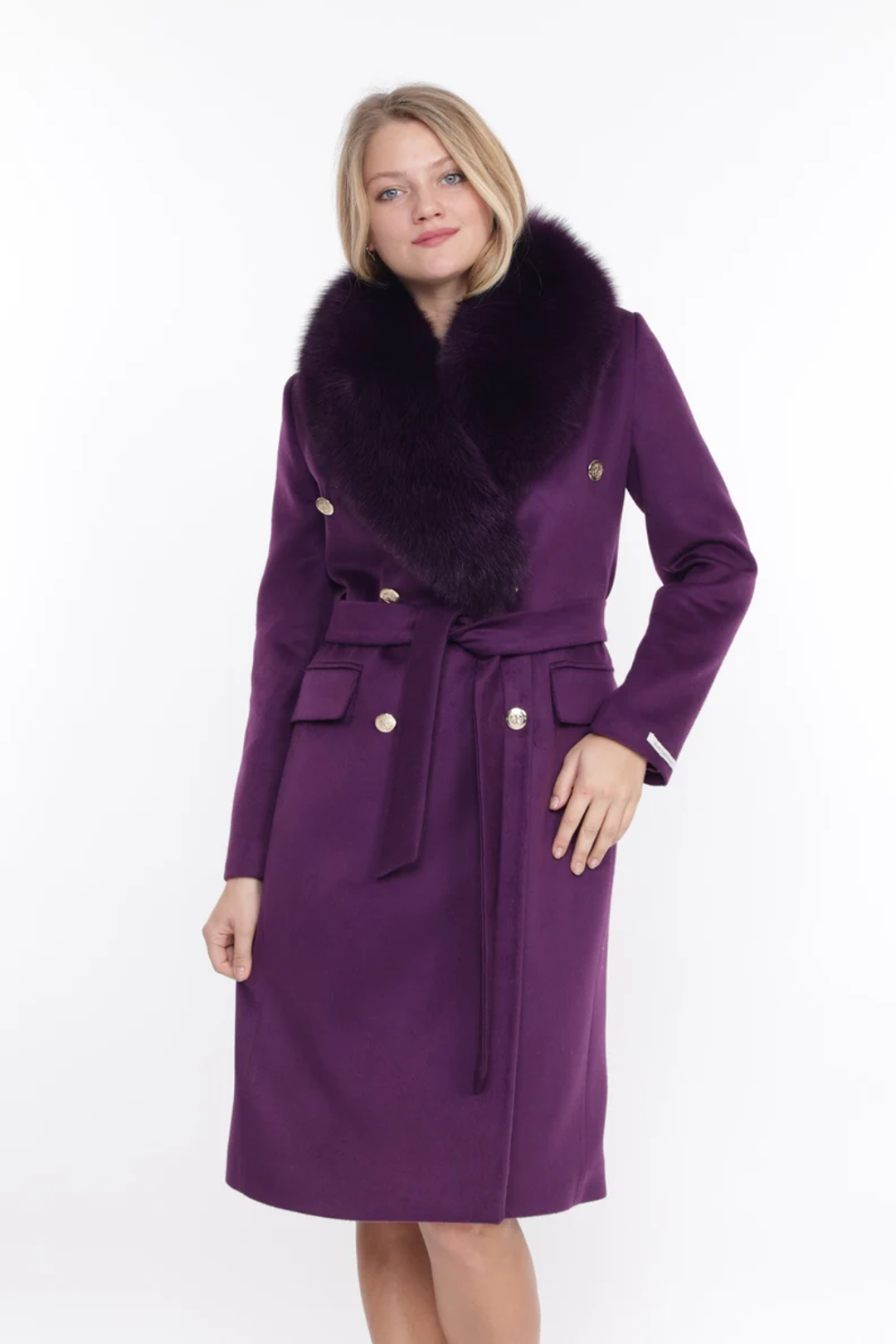 Purple Cashmere Coat Fox Collar Raine Purple Cashmere Coat Fox Collar Raine