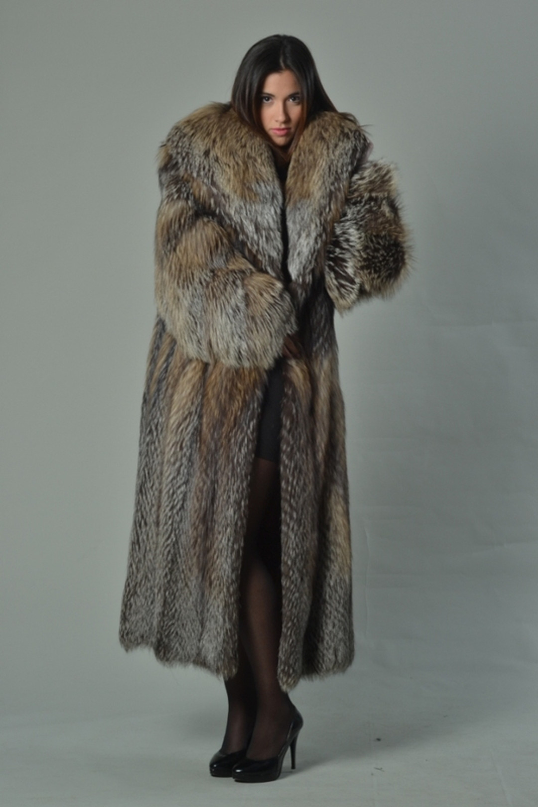saga Full Length Crystal Fox Fur Coat with hood and shawl fox collar