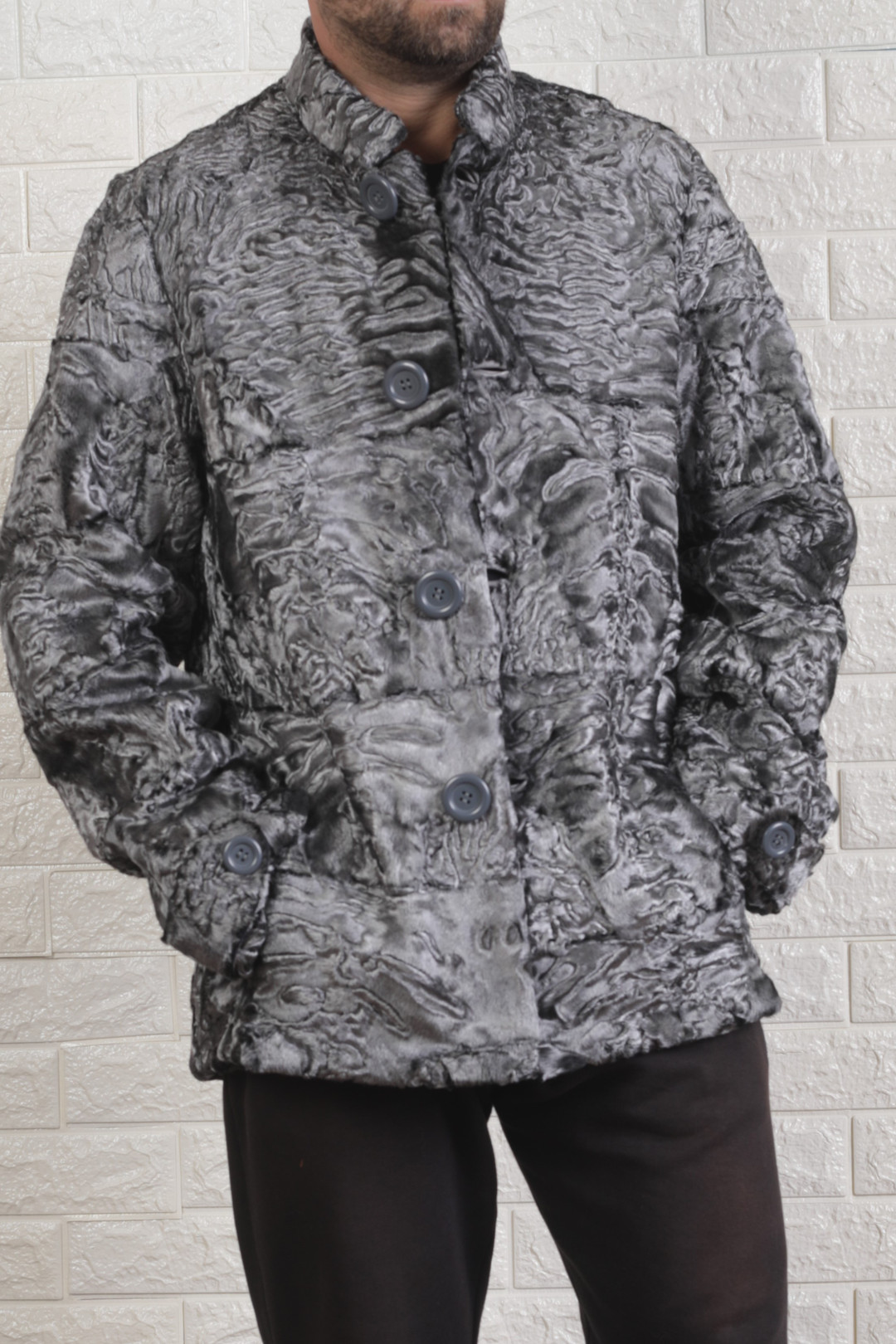 Men's Silver Swakara Lamb Fur Coat  Size
