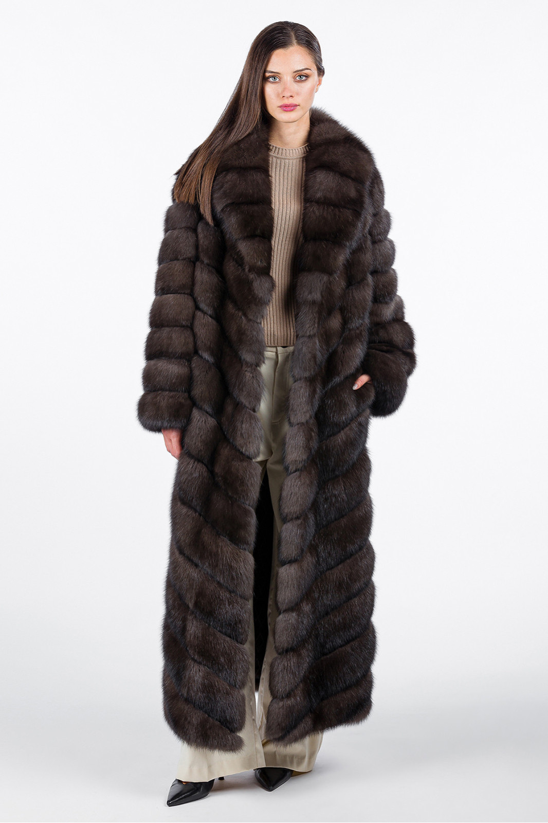 Long Sable Fur Coat Ragnell Shawl Collar Diagonal Pattern ( (1
