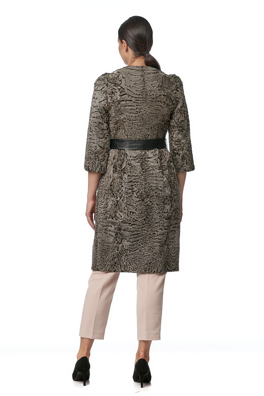 Olive SWAKARA Coat Adina Collarless Leather Belt Knee Length Cropped Sleeves Back Olive SWAKARA Coat Adina Collarless Leather Belt Knee Length Cropped Sleeves Back