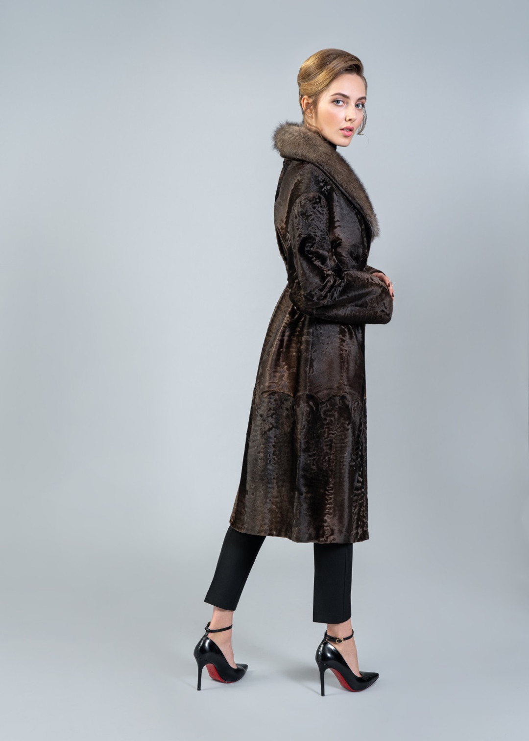 Brown Broadtail Coat Sable Collar Aline Front