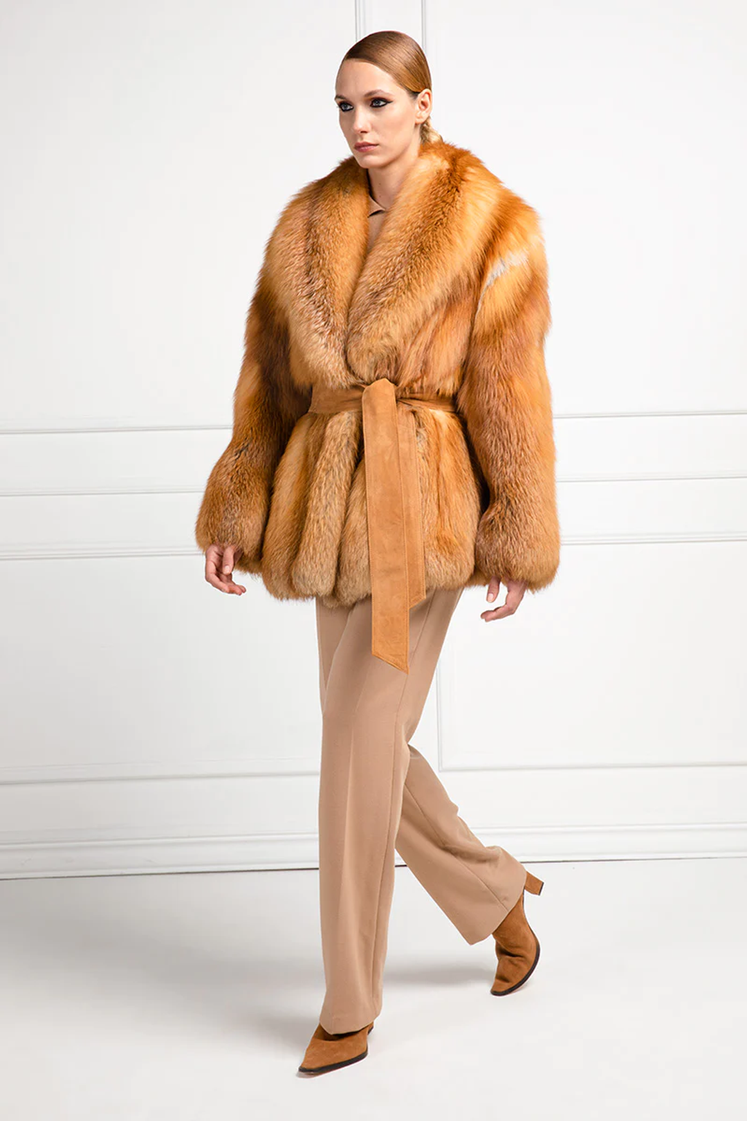 Red Fox Coat Shawl Collar with leather belt