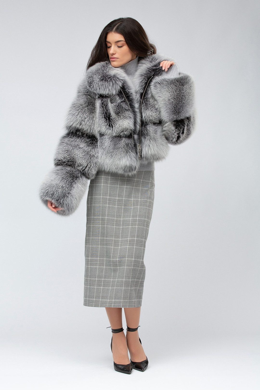 Charcoal Fox Fur Bomber Jacket Hooded profile Charcoal Fox Fur Bomber Jacket Hooded profile