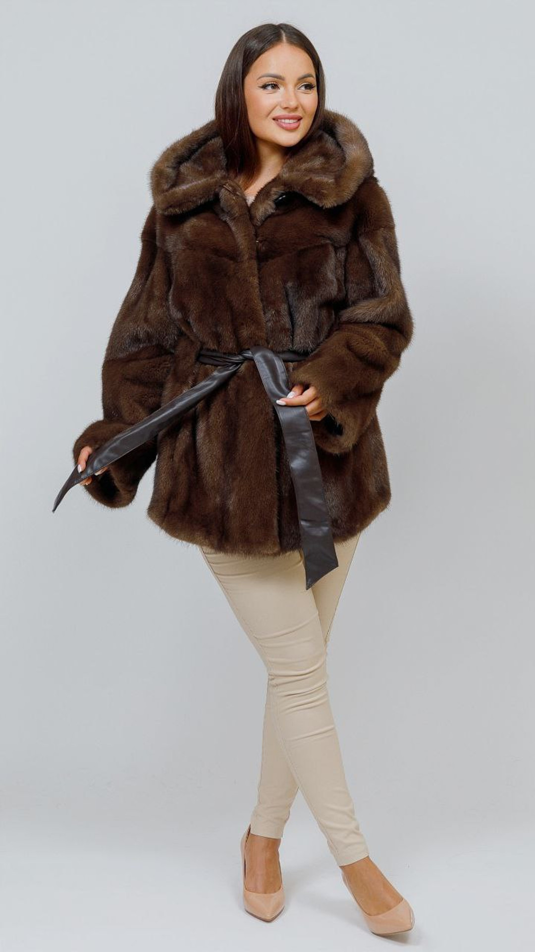 Brown Mink Hooded Cape  front full body