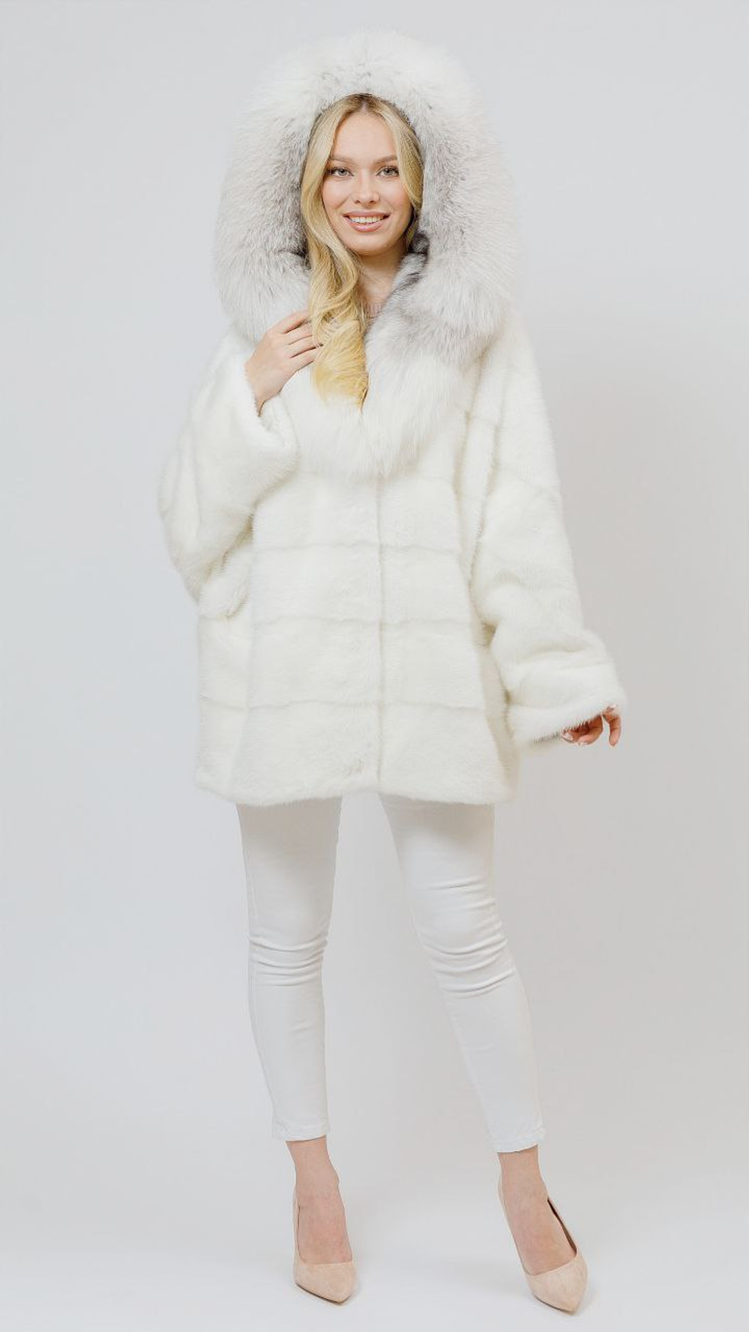 white mink fur coat hooded arctic marble fox collar full body hood on