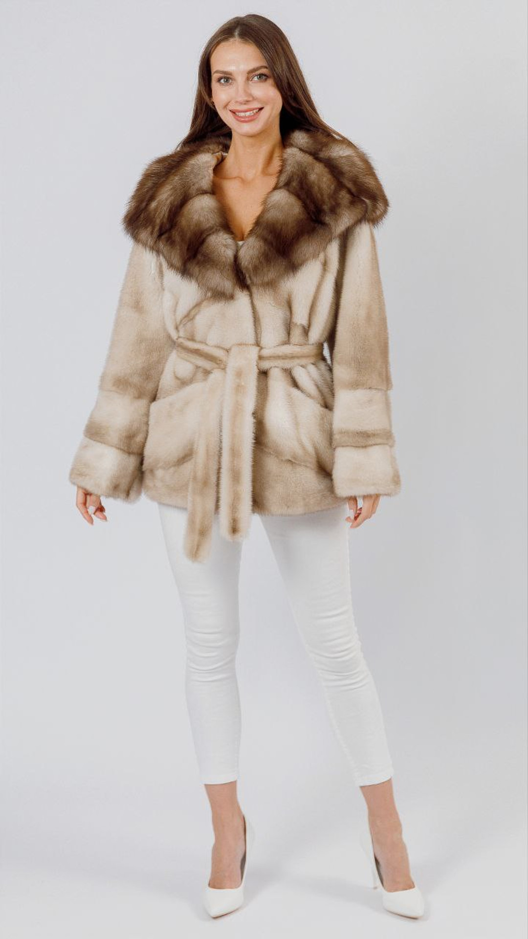 Espresso Mink Sable Coat Hooded Fur Belt full body