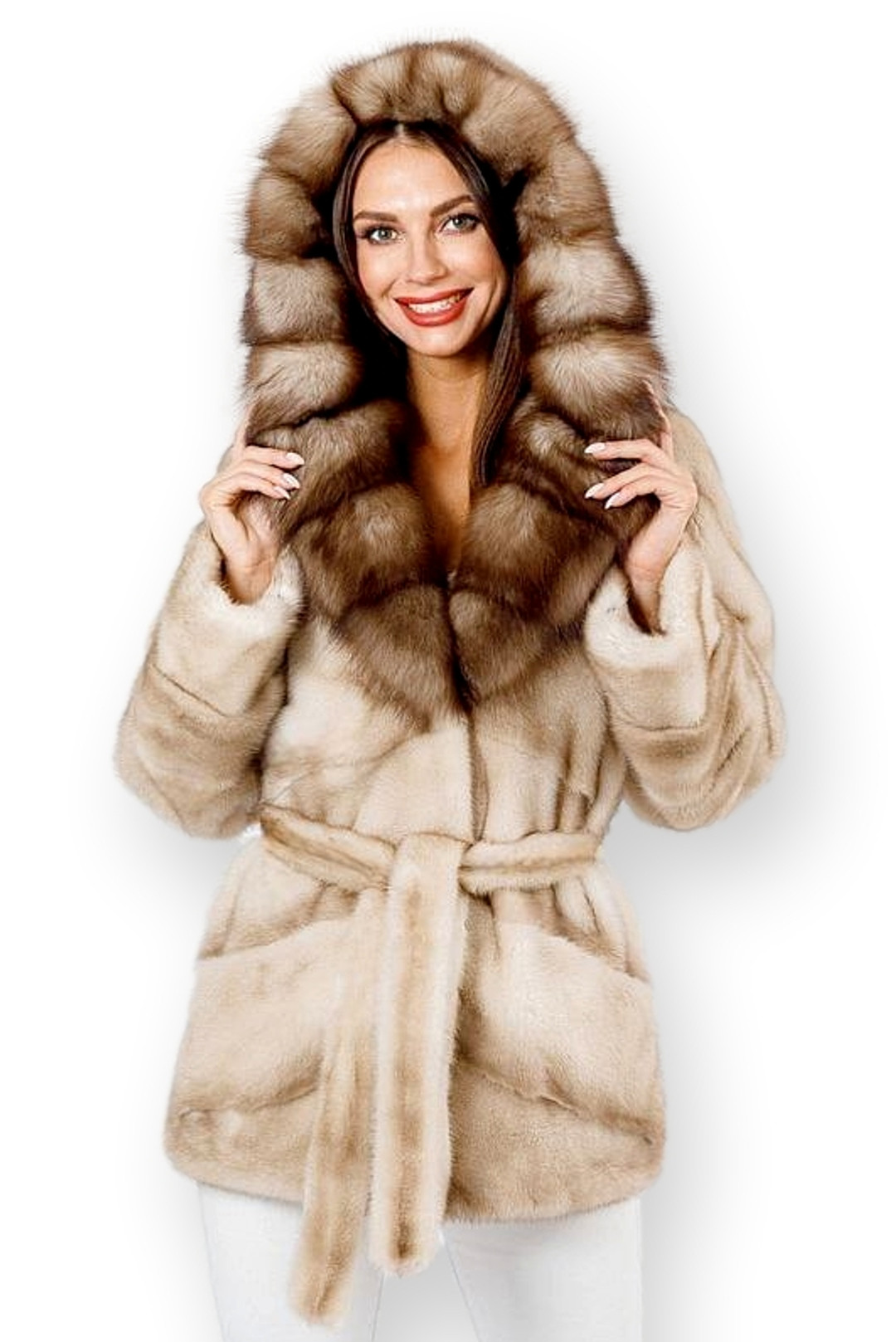 Espresso Mink Sable Coat Hooded Fur Belt front