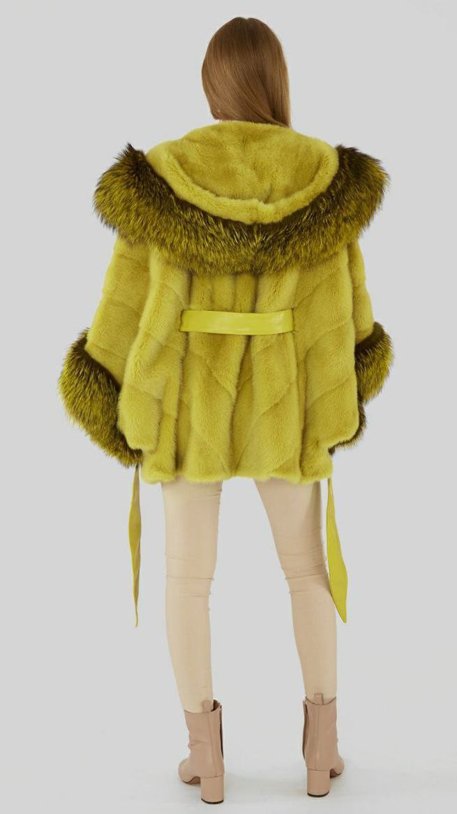 Yellow Mink Fox Fur Cape hooded | SKANDINAVIK FUR