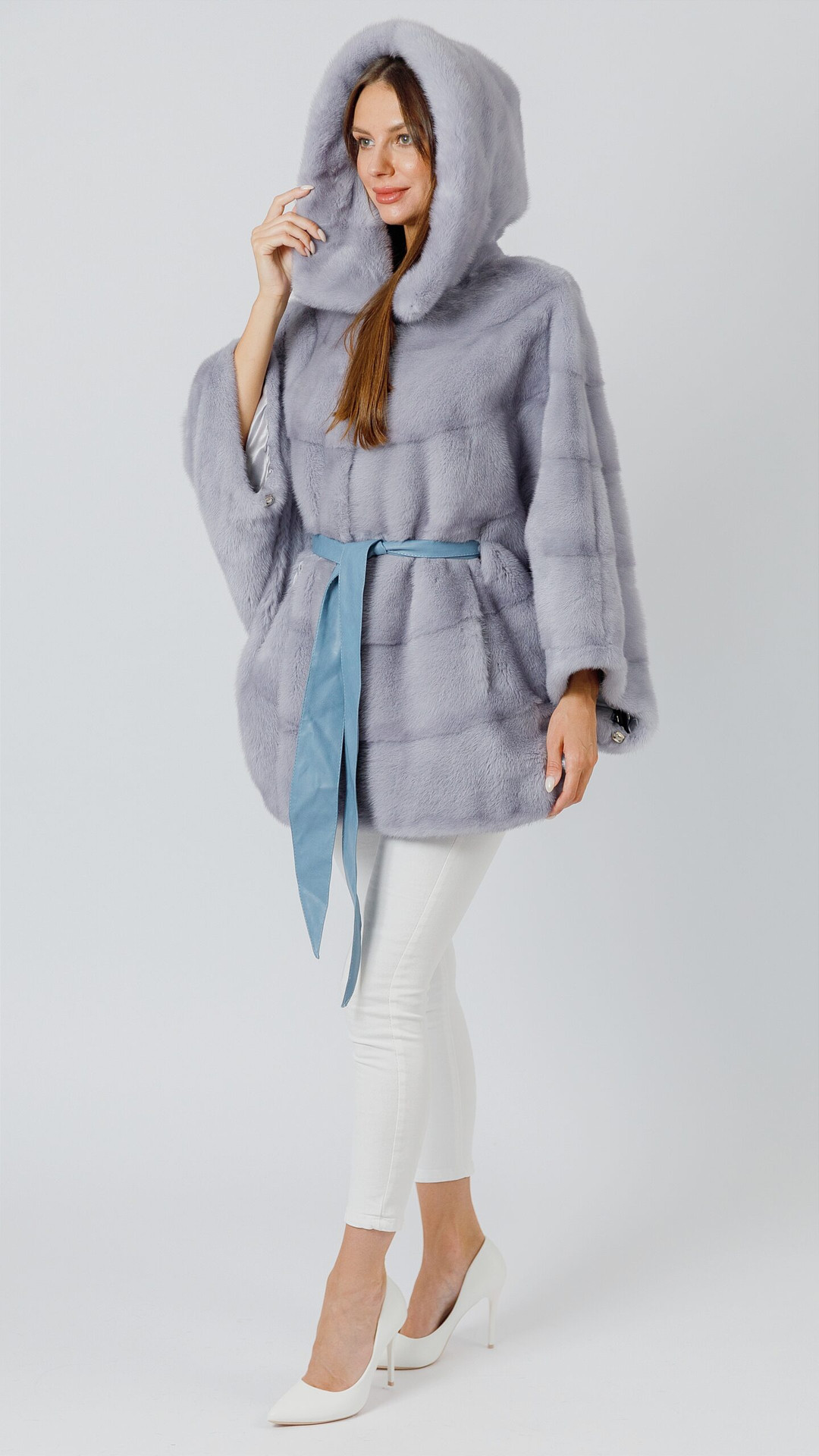 Sky Blue Mink Fur  Cape Hooded profile hood on