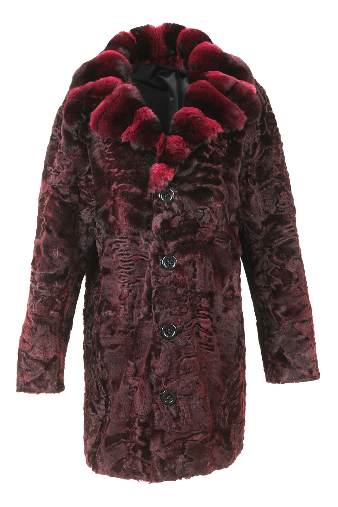 MEN'S BURGUNDY RED ASTRAKHAN & CHINCHILLA COLLAR FUR COAT BUTTON CLOSURE FRONT VIEW MEN'S BURGUNDY RED ASTRAKHAN & CHINCHILLA COLLAR FUR COAT BUTTON CLOSURE FRONT VIEW